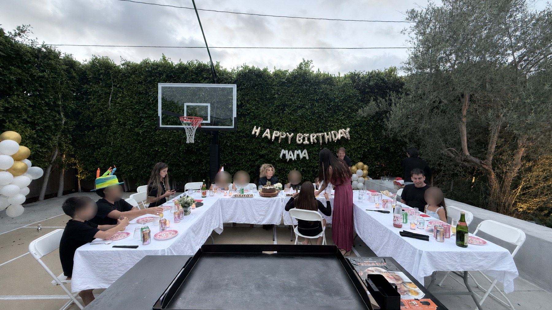 Backyard birthday hibachi party with tables, guests, and grill